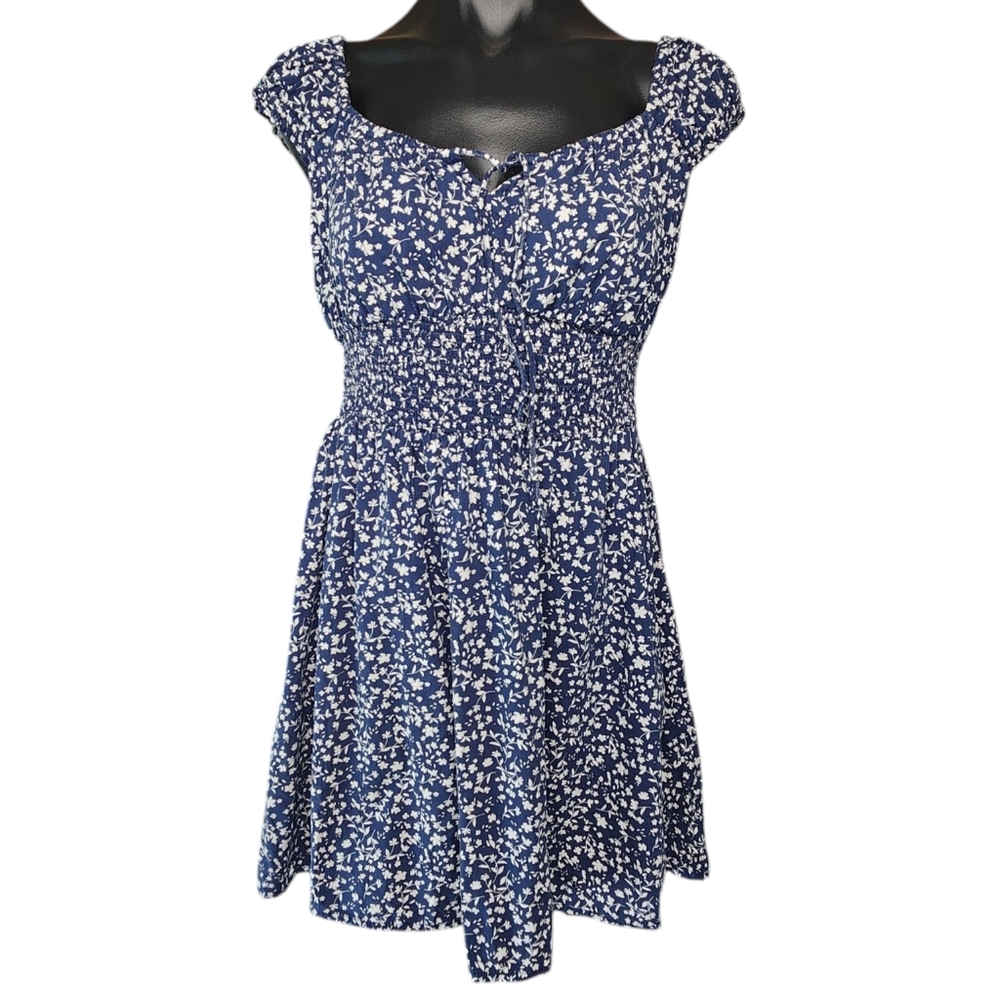 Old Navy Navy Blue Floral Short Sleeve Smocked Waist Dress
